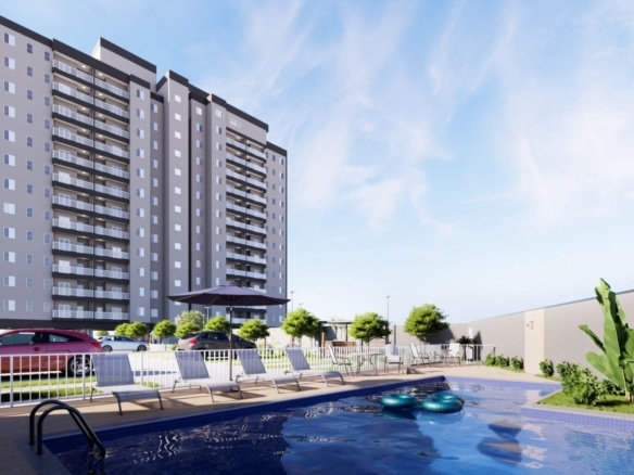 Apartamento 2 dormitórios no Cidade Jardim - fachada e piscina