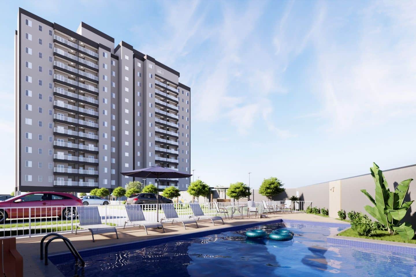 Apartamento 2 dormitórios no Cidade Jardim - fachada e piscina